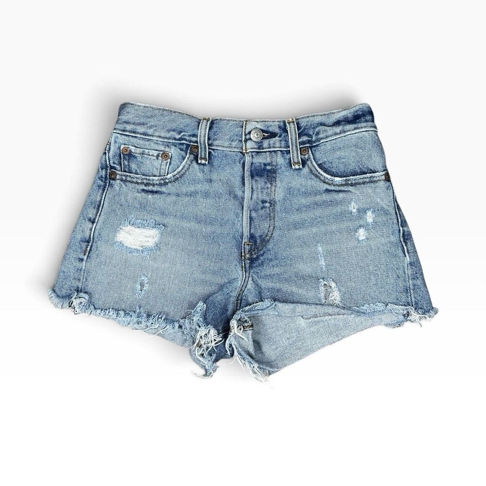 Levi's Light Wash Denim Distressed Frayed Hem Cut Off Shorts High Rise Size 25